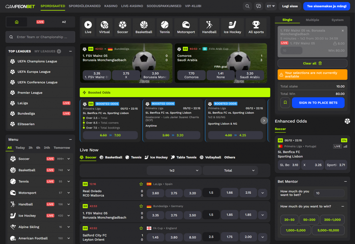 Campeonbet spordiennustuse kasutajaliides