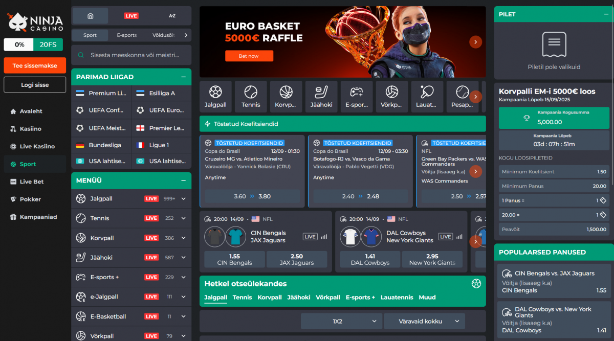 Ninja Casino spordiennustuse kasutajaliides