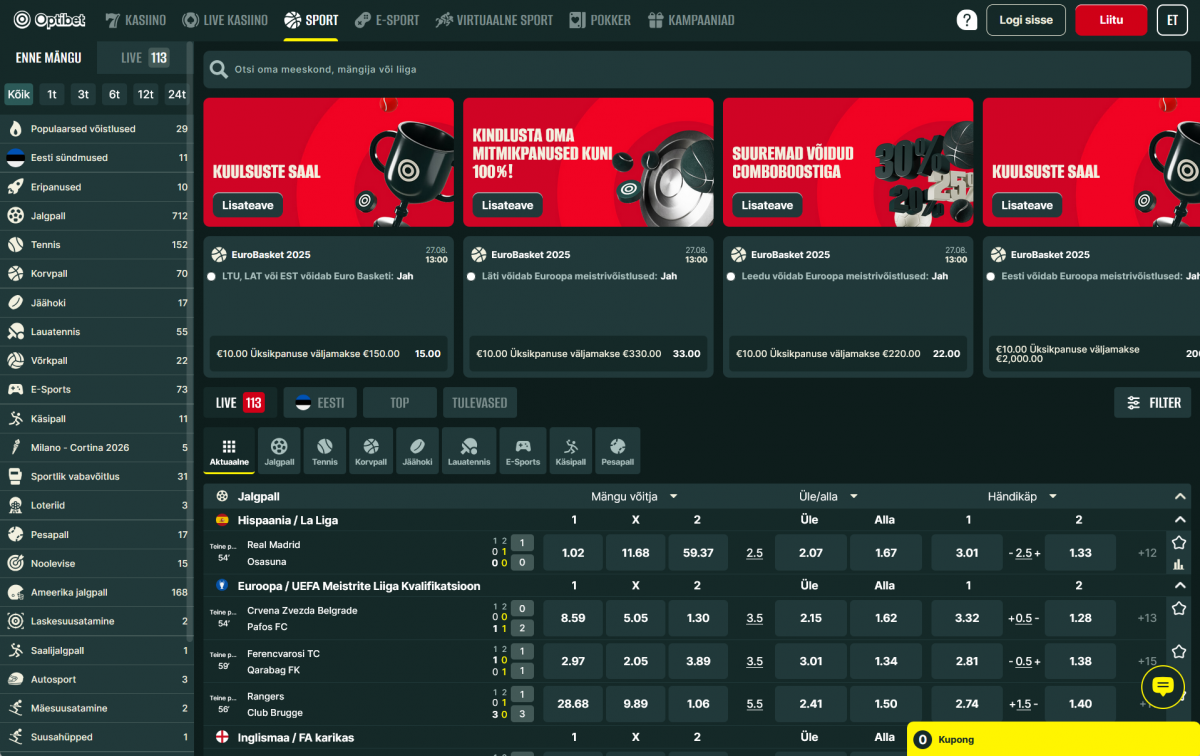 Optibet kasutajaliides