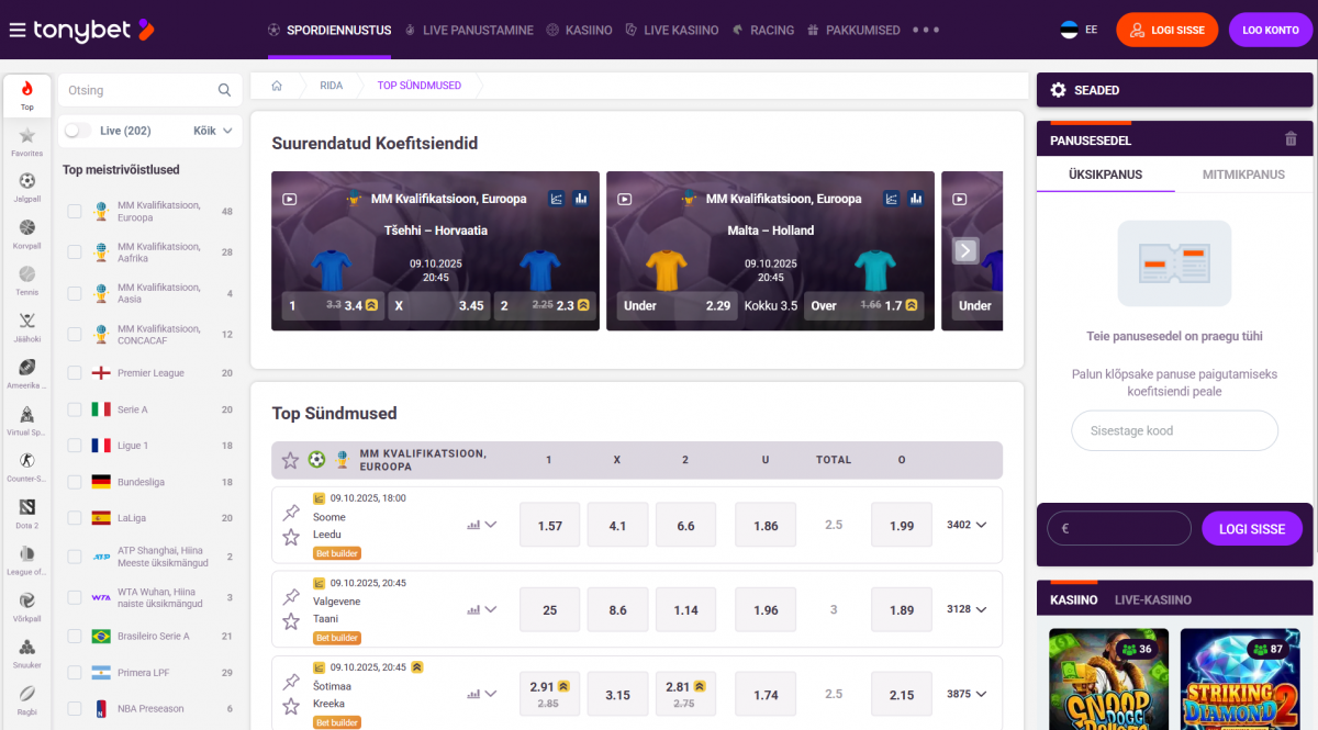 TonyBet kasutajaliides