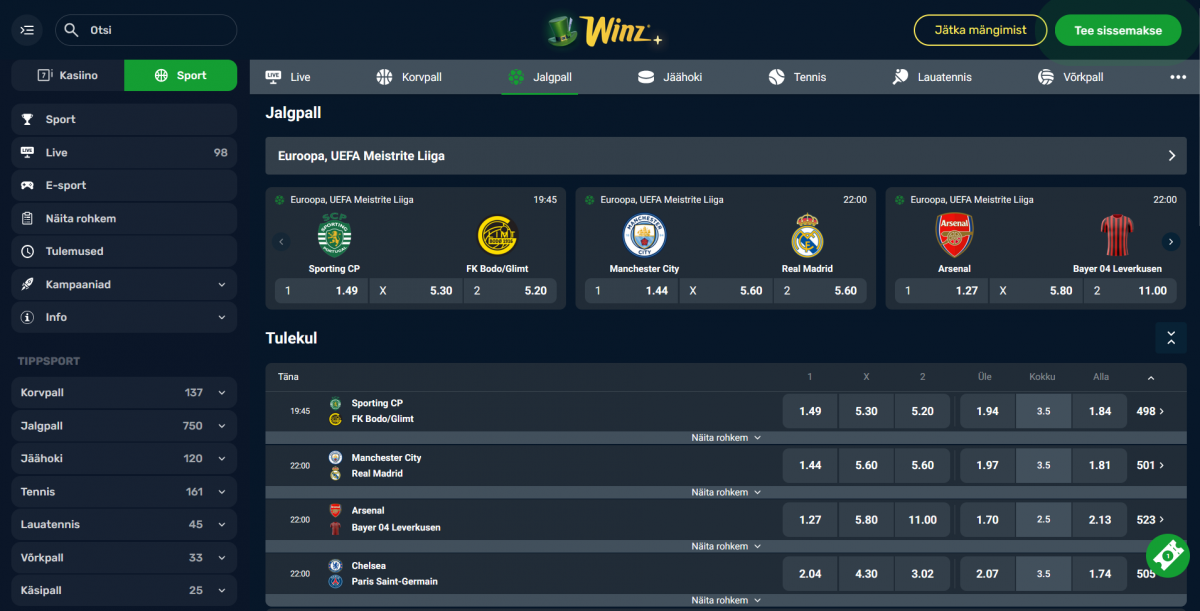 Winz spordiennustuse kasutajaliides